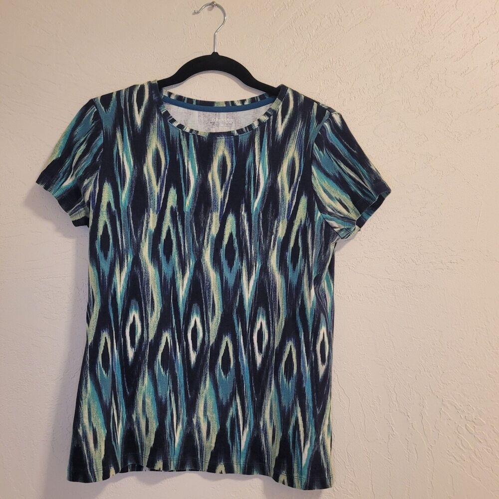 St. Johns Bay Woman's Casual Top Green Abstract Peacock Design Tagless Size PM